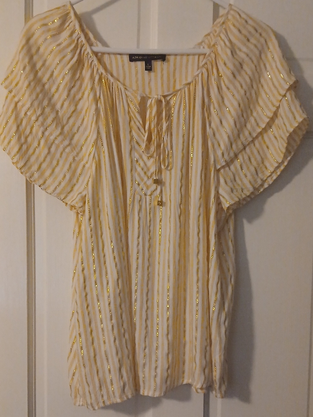 Adrienne Vittadini Cream and Gold Striped Flutter Sleeve Tunic